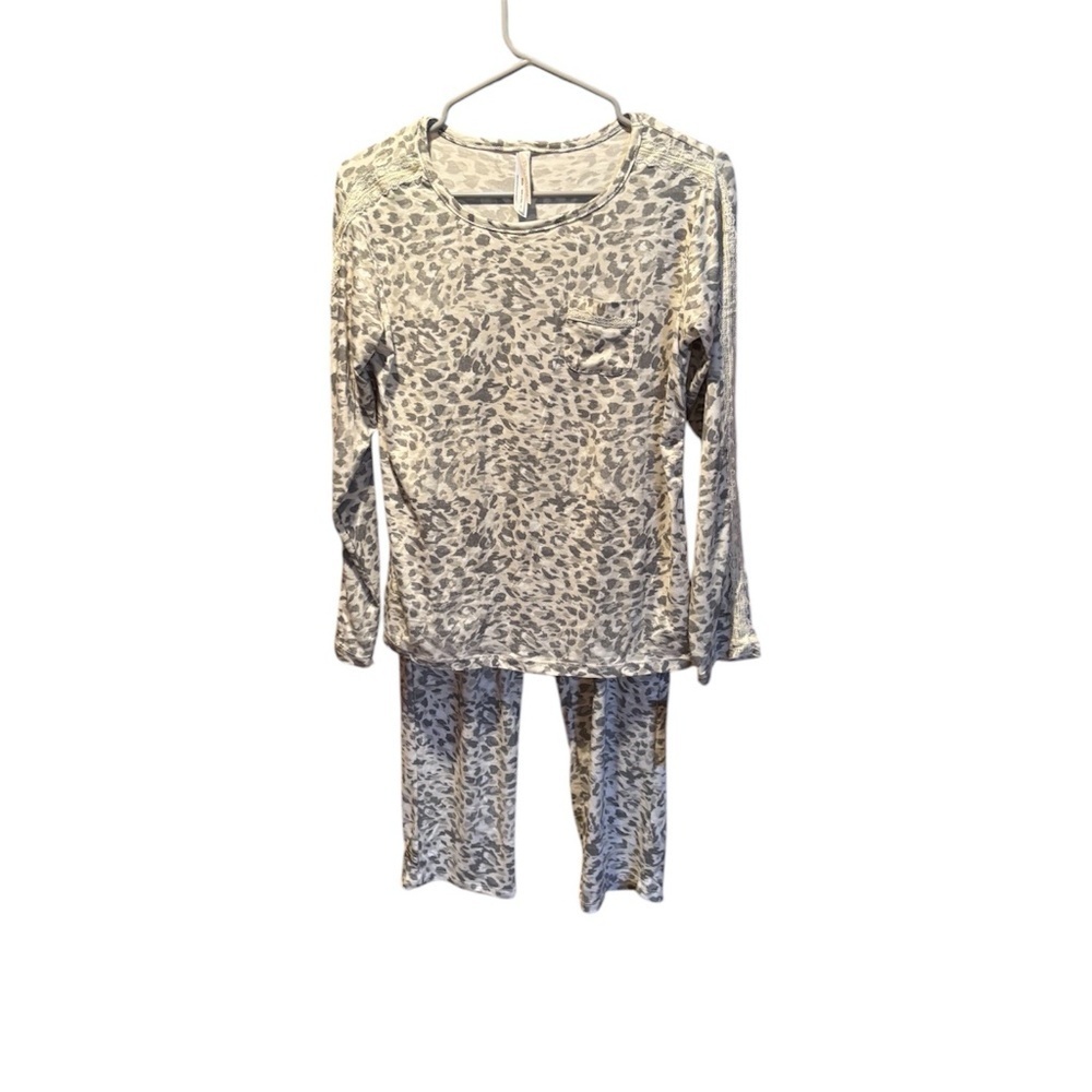 Flora Nikrooz Erica Lace Trim Printed Knit Pajama Set in Gray Small NWT